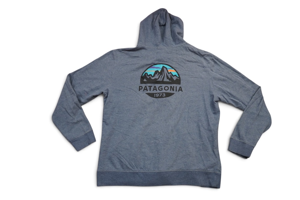Patagonia Hoodie Mens XL Blue Organic Cotton Full Zip 1973 Graphic Sweatshirt